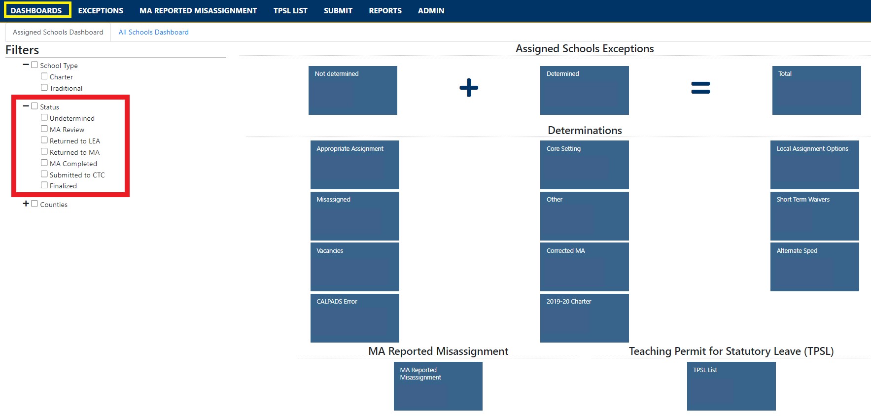 Image of the Assigned Schools Dashboard in CalSAAS with the status filters on the left-hand side highlighted. The status options shown are Undetermined, MA Review, Returned to LEA, Returned to MA, MA Completed, Submitted to CTC and Finalized.