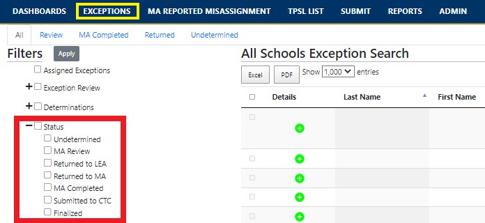 Image of the Exception Screen in CalSAAS with the Status Filters on the left-hand side highlighted. The options are Undetermined, MA Review, Returned to LEA, Returned to MA, MA Completed, Submitted to CTC and Finalized.