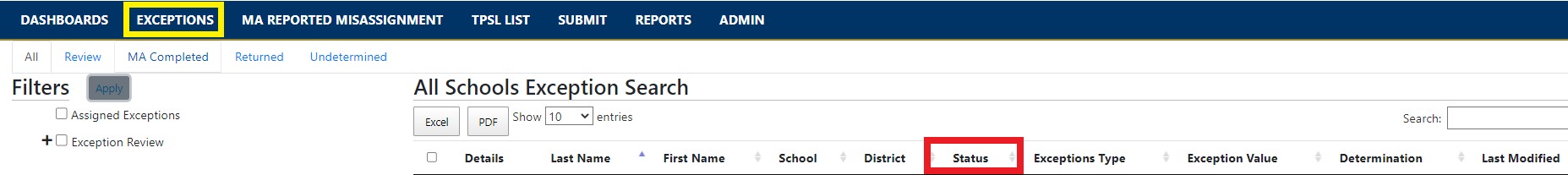 Image of the Exception Screen focusing on the columns at the top of the list of exceptions. The column titles are Details, Last Name, First Name, School, District, Status, Exceptions Type, Exception Value, Determination and Last Modified. The Status column is highlighted.