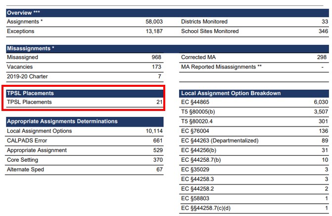 Image of the number of TPSL placements for an entity as viewed in the Summary Report, within the  TPSL Placements section.