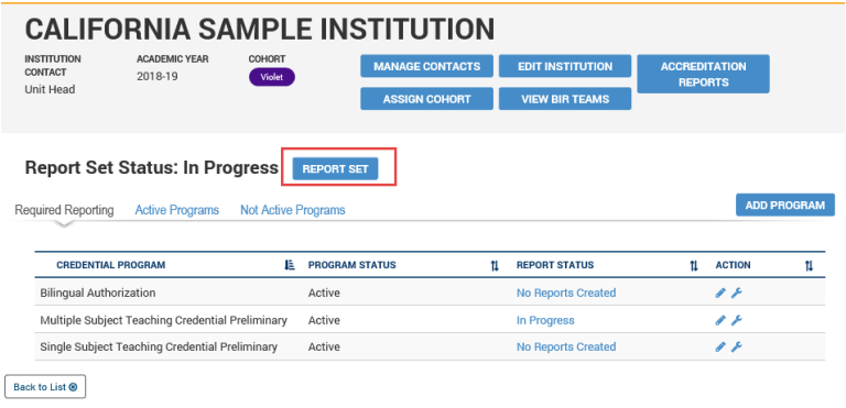 Noted in step 3 is an interactable button labeled Report Set, optionally there is a individual program link below in a column under 