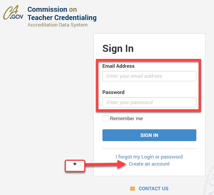 Screenshot of ADS log in page, highlighting how to create an account