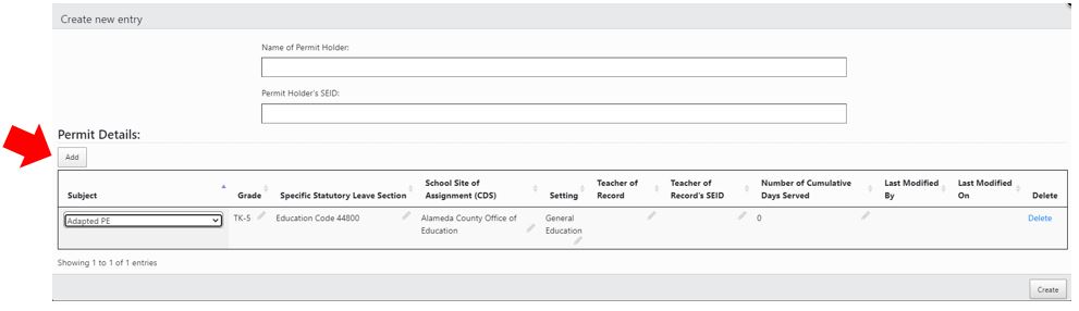 After the top two fields for the Permit Holder are completed, the user clicks on the 