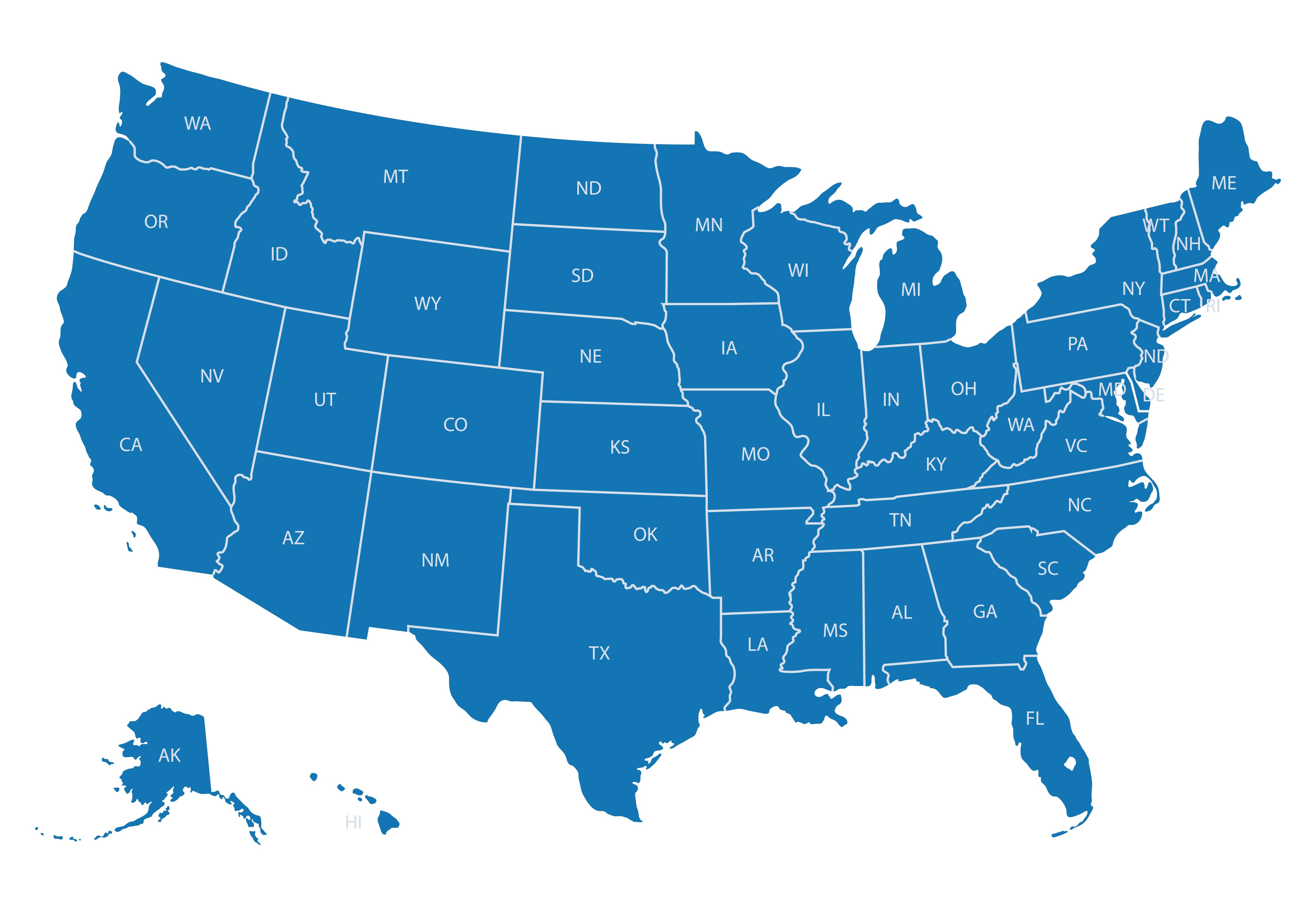 A blue map of the United States with state abbreviations labeled.