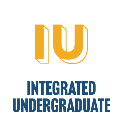 Image is of big block letters IU in yellow-gold and underneath, the words integrated undergraduate in dark blue capital font.