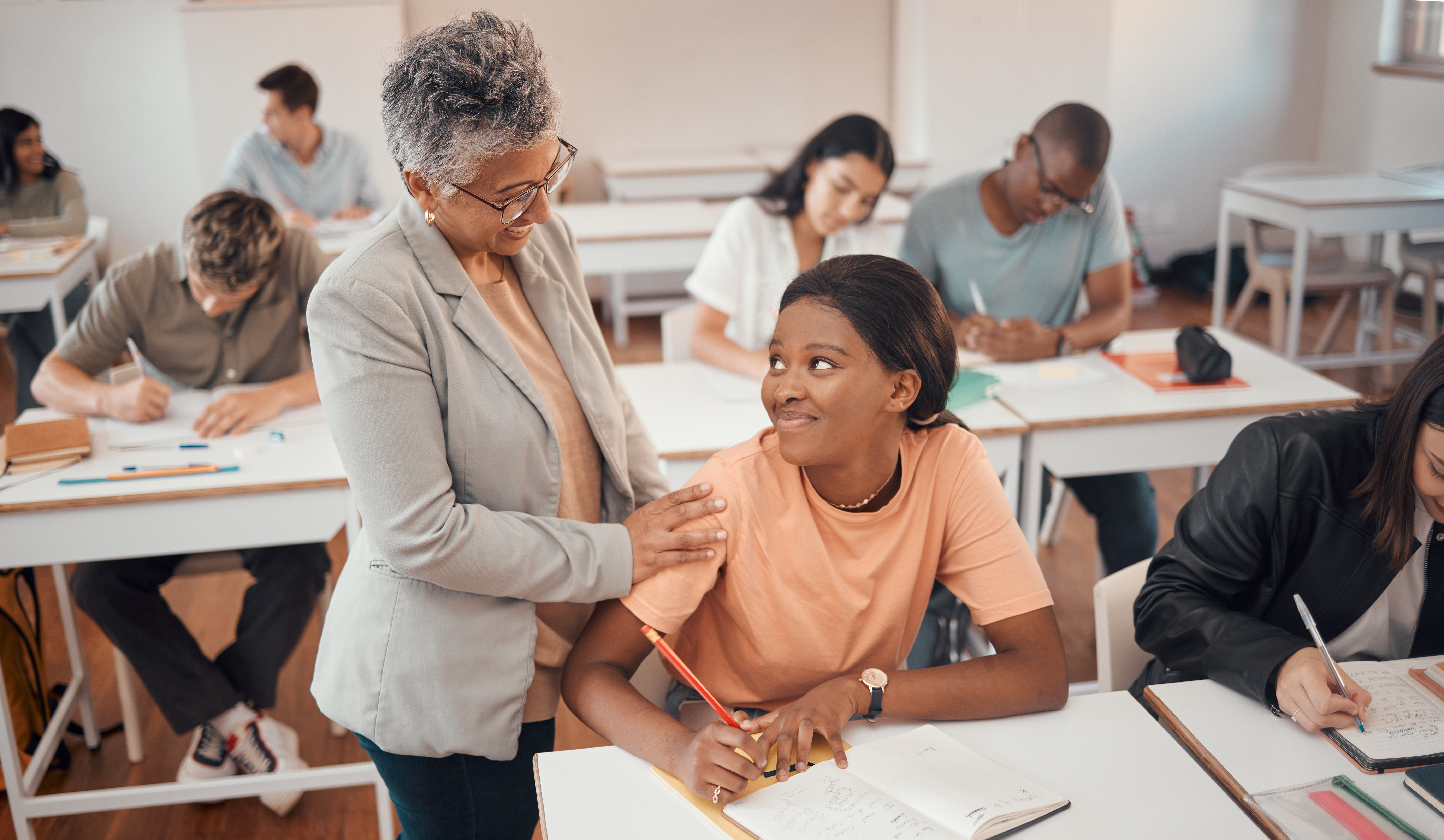 Image shows a standing woman next to another woman who is sitting down at a table writing in a notebook. They are both smiling and looking at each other. In the background there are other people who are writing at their desks.