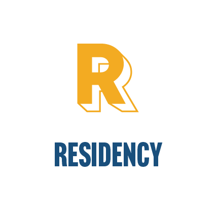 Image is of a big block letter R in yellow-gold and underneath, the word residency in dark blue capital font.