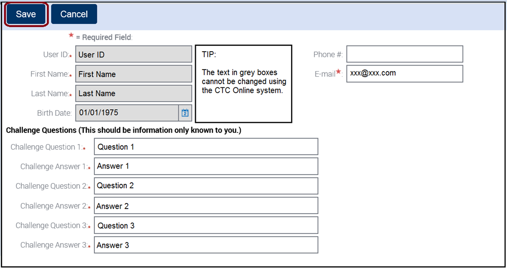 Save button for Challenge questions and answers 