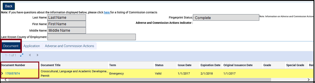 Document tab with hyperlinked document number