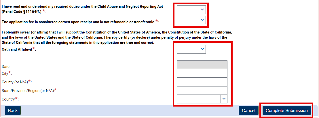 Oath section complete and submit payment