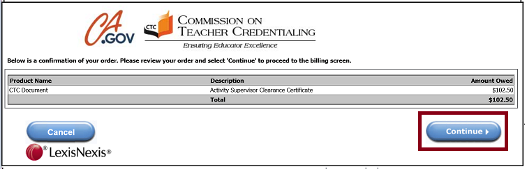 Confirmation page before continuing with payment