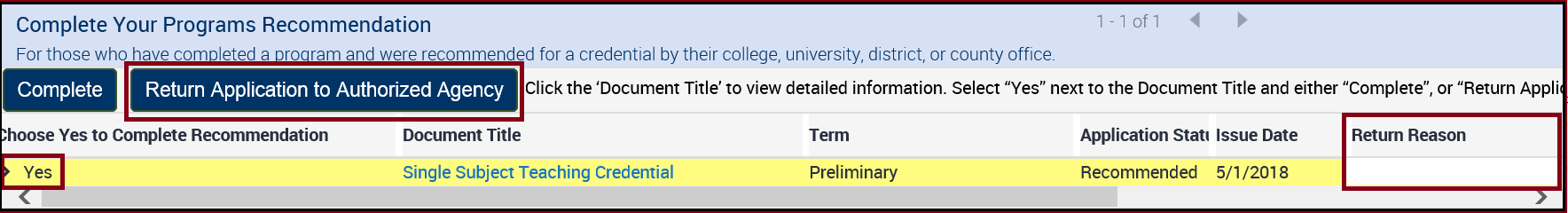 Recommendation Return Reason field and Return Application button