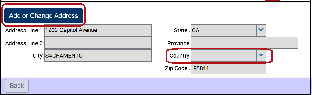 Add or Change Address button.  Check the Country is listed.