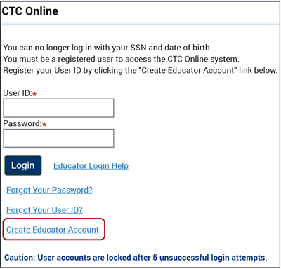 Create Educator Account link on the CTC Online Login page.