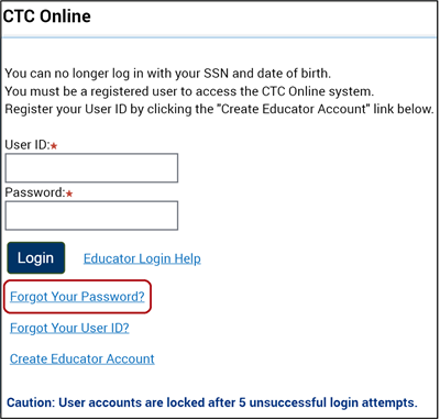 Forgot Your Password? link on CTC Online Login page.