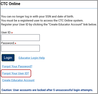 Forgot Your User ID? link on CTC Online Login page.