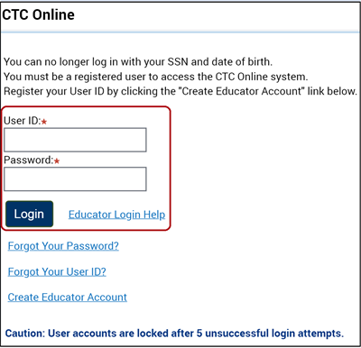 CTC Online Login page.  