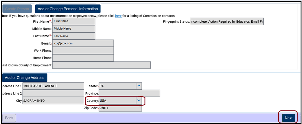 Next button on Personal Information and Address page.  