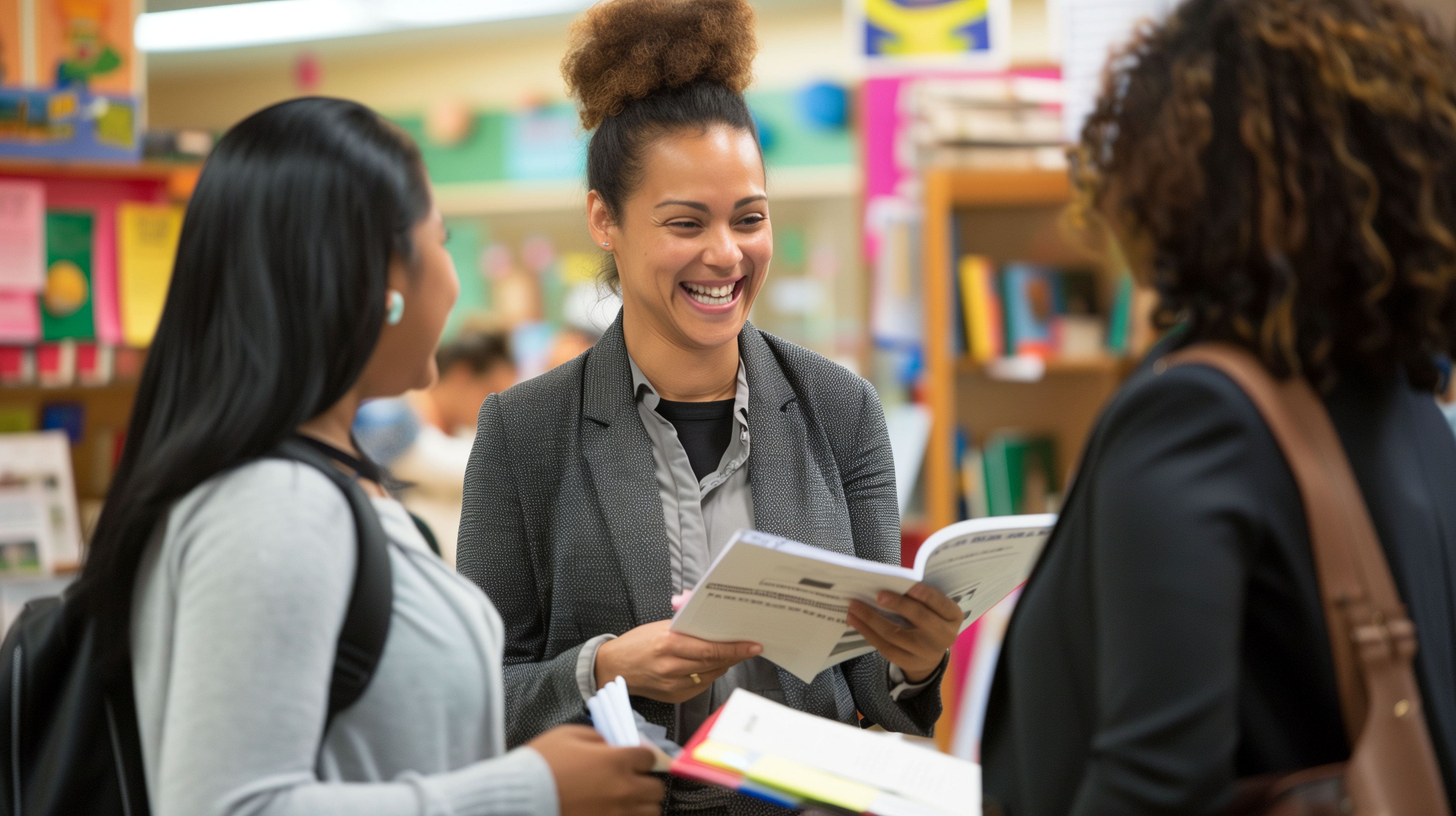 A woman holding a book, laughing with friends