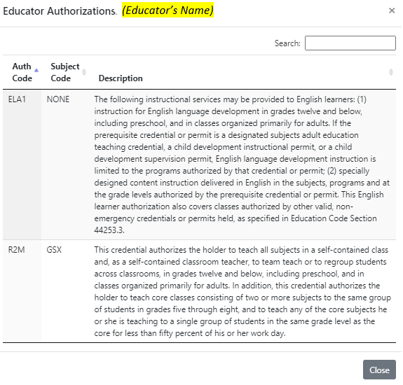 image of educator authorization pop up window