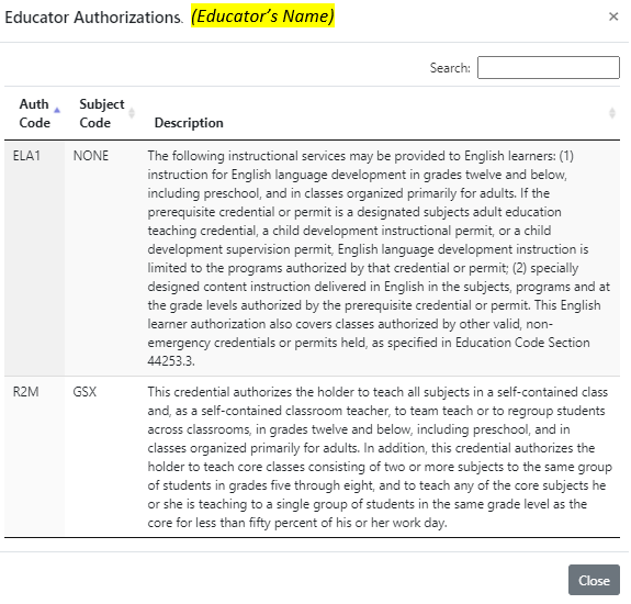 Educator Authorization screenshot image of educator authorization pop up window
