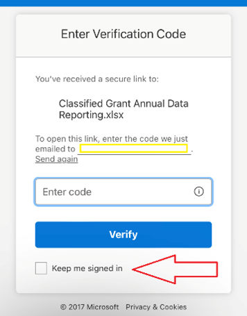 Screenshot of verification code pop up. Red arrow pointing to 
