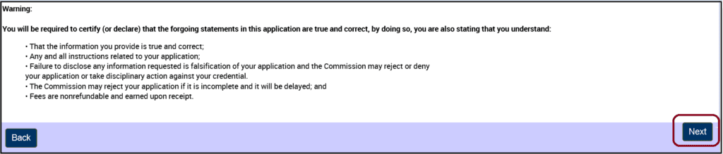 Next button on Disclosure PFQ page