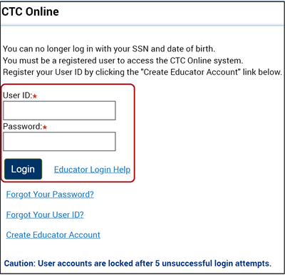 CTC Online Login page.