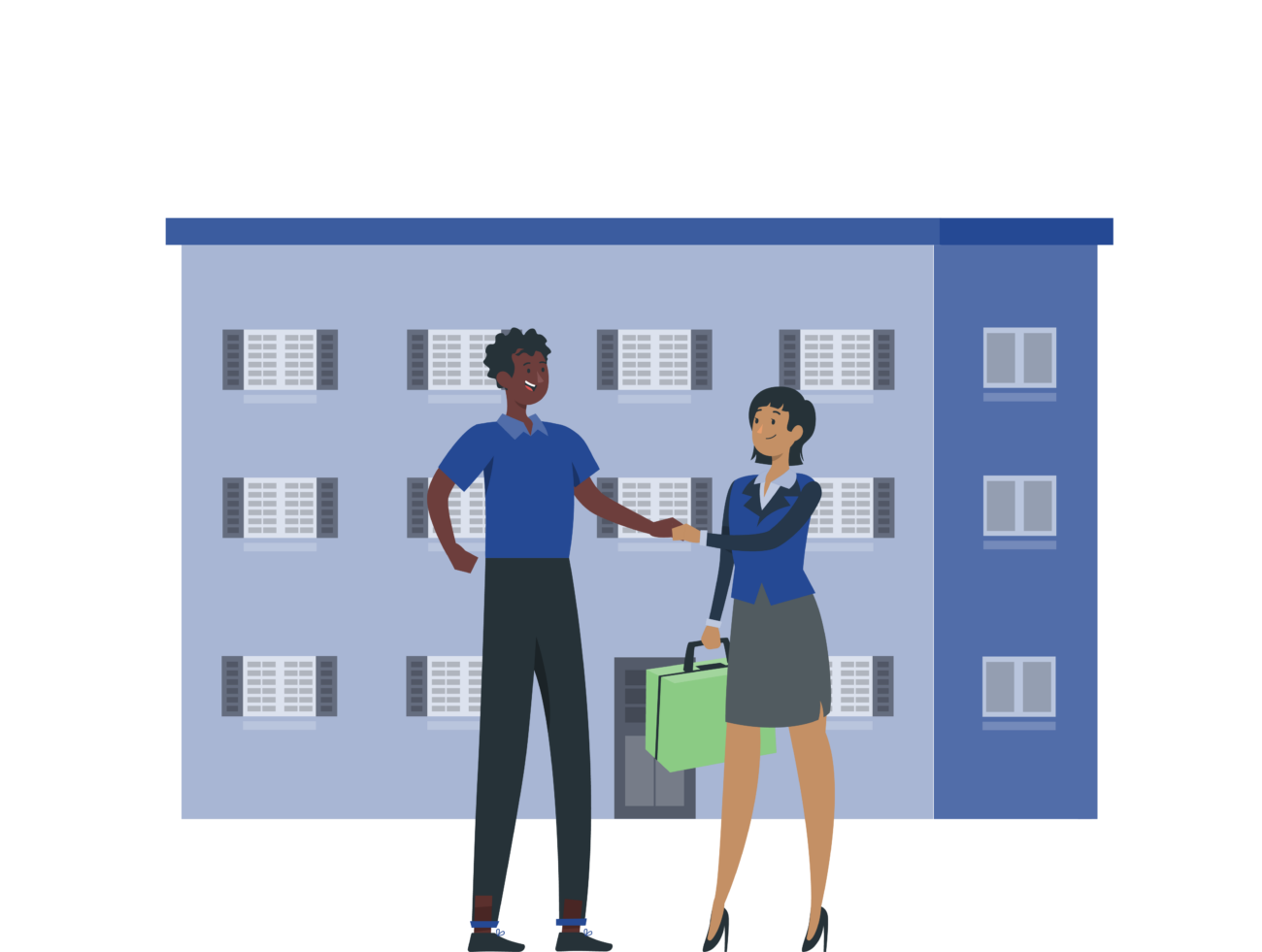 An employer shaking the hand of an educator in front of a school