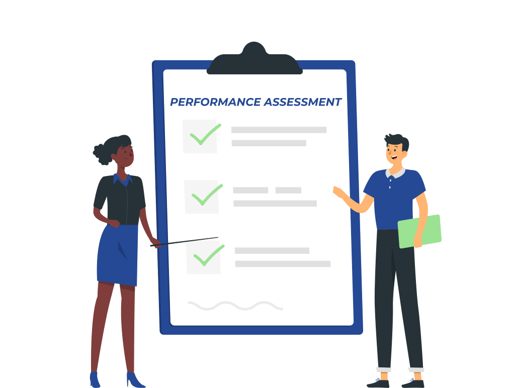 An administrator and educator reviewing a performance assessment