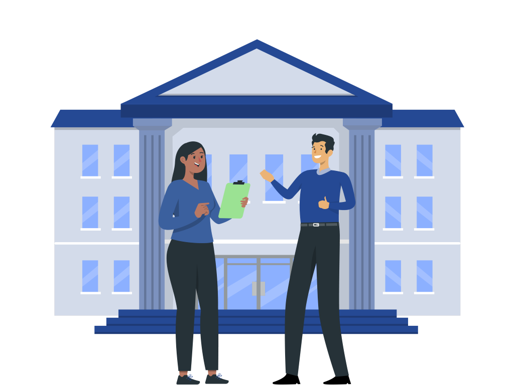 Two administrators standing in front of an institution