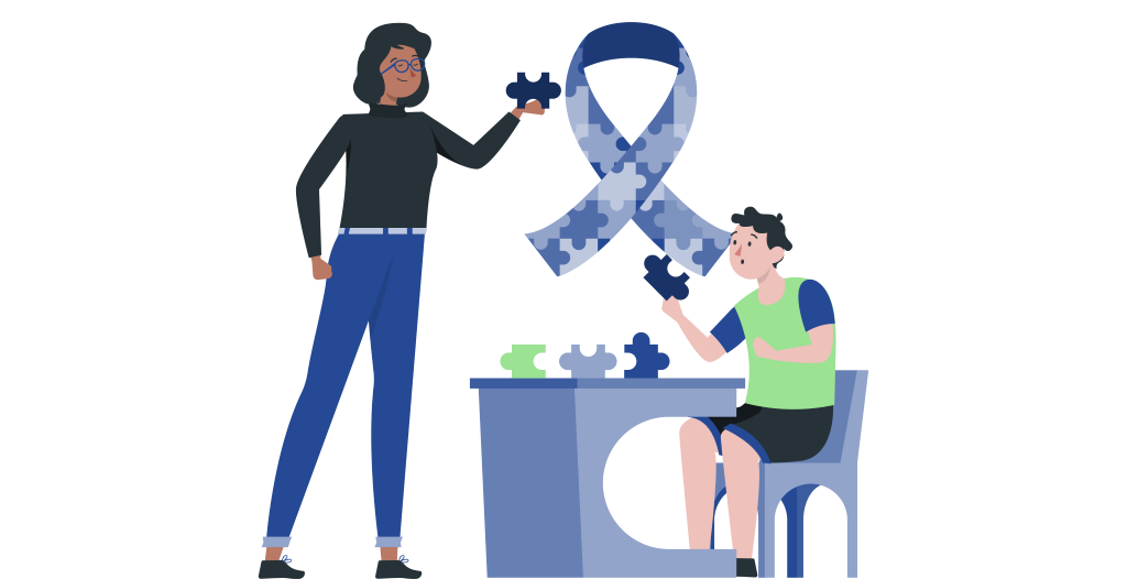 Educator playing with a student sitting at a desk, with the autism awareness symbol in the background