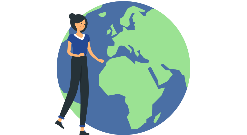 Woman walking in front of a globe