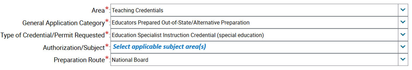 The screenshot shows how to apply for an Education Specialist Instruction credential based on out-of-state preparation, with National Board Certification. Under General Application Category, select Educators Prepared Out-of-State. Under Type of Credential/Permit Requested, select Education Specialist Instruction Credential. Under Authorization/Subject, use the drop-down menu to select the applicable specialty area(s). Under Preparation Route, select National Board.